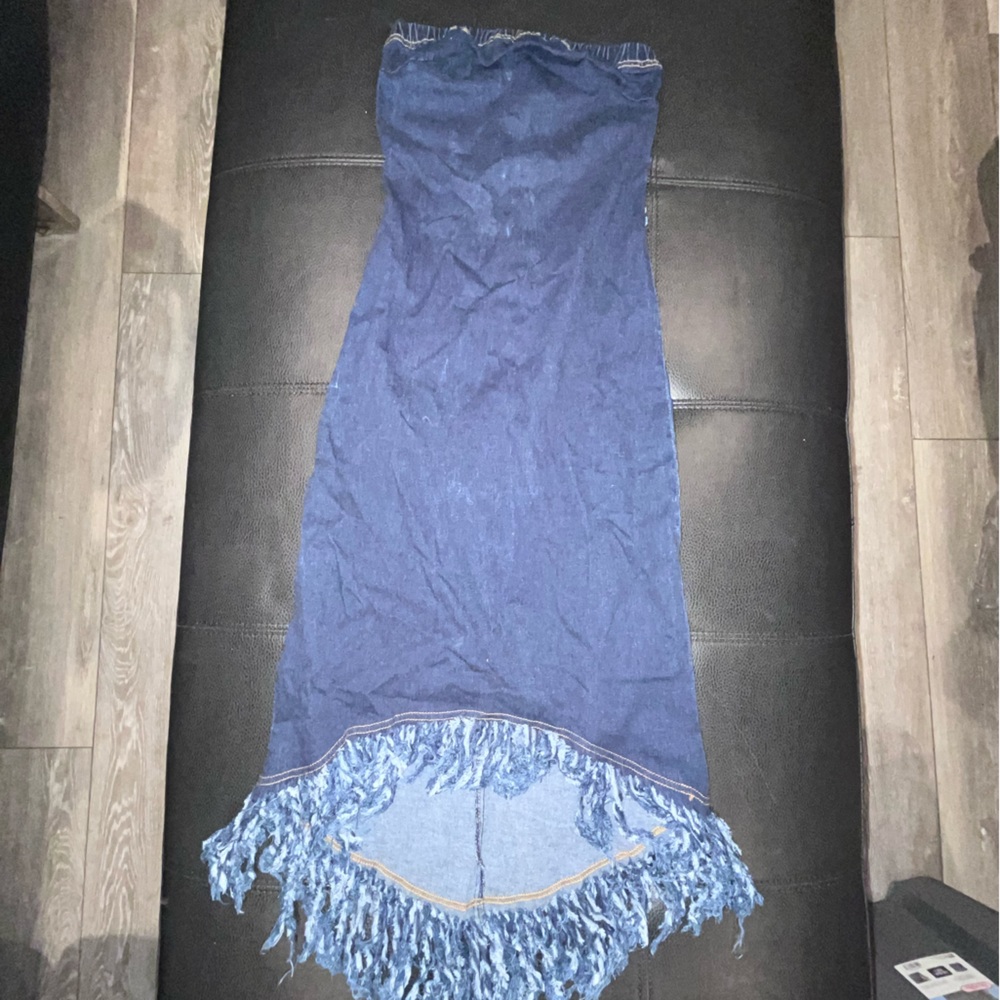 Y2K Vintage Rue 21 Denim Fringe Dress Asymmetrical cut Size Small